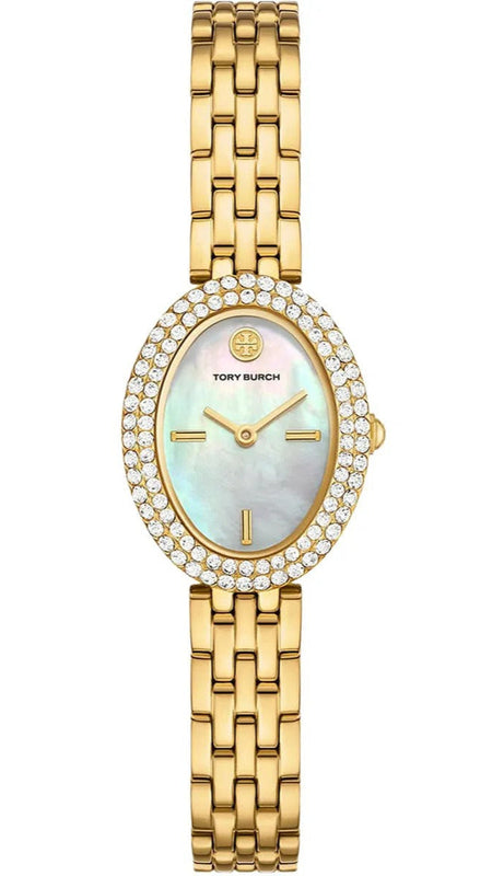 Tory Burch Oval Mother of Pearl Dial Gold Steel Strap Watch for Women - TBW6034