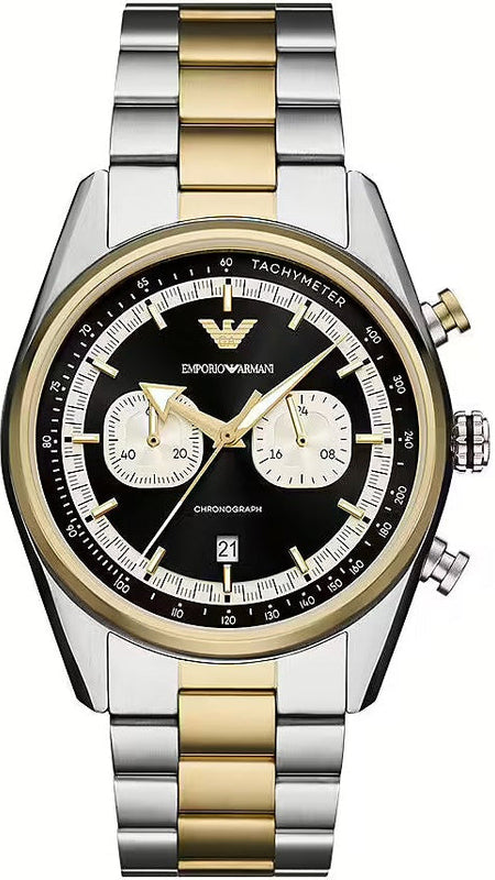 Emporio Armani Racer Chronograph Black Dial Two Tone Steel Strap Watch for Men - AR11678