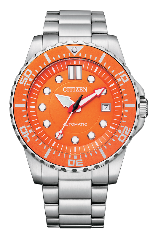 Citizen Mechanical Automatic Orange Dial Silver Steel Strap Watch for Men - NJ0128-80X