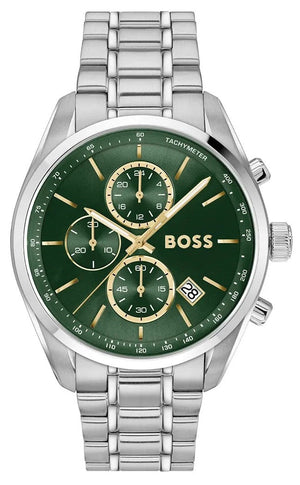 Hugo Boss Grand Prix Chronograph Green Dial Silver Steel Strap Watch for Men - 1514266