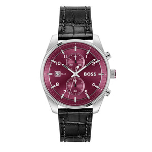 Hugo Boss Skytraveller Chronograph Burgundy Red Dial Black Leather Strap Watch for Men - 1514193
