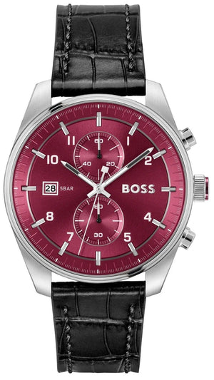Hugo Boss Skytraveller Chronograph Burgundy Red Dial Black Leather Strap Watch for Men - 1514193