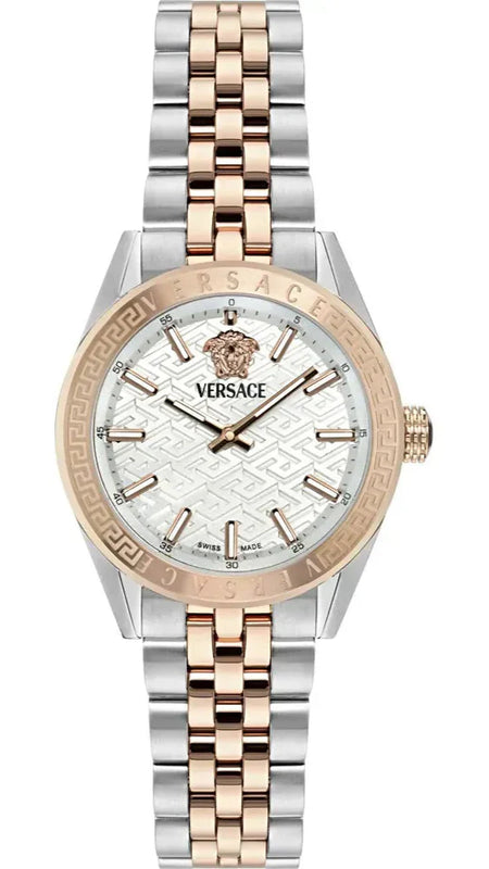 Versace V-Code Analog White Dial Two Tone Steel Strap Watch for Women - VE8I00624