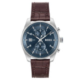Hugo Boss Skytraveller Chronograph Blue Dial Brown Leather Strap Watch for Men - 1514194