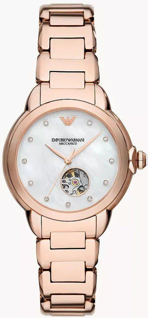 Emporio Armani Mia Meccanico Mother of Pearl Dial Rose Gold Steel Strap Watch for Women - AR60072