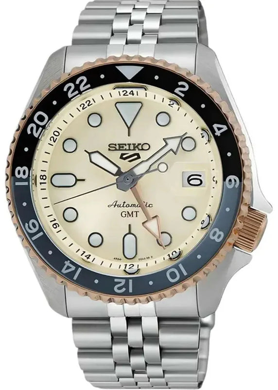 Seiko 5 GMT Sport Asia Exclusive Limited Edition Off White Dial Silver Steel Strap Watch for Men - SSK046K1