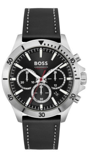 Hugo Boss Troper Chronograph Black Dial Black Leather Strap Watch for Men - 1514055