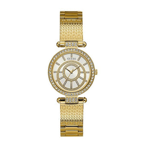 Guess Muse Crystals White Dial Rose Gold Steel Strap Watch For Women - W1008L2