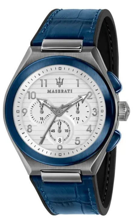 Maserati Triconic Chronograph White Dial Blue Leather Strap Watch For Men - R8871639001