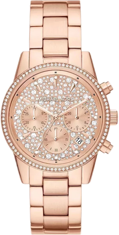 Michael Kors Ritz Chronograph Rose Gold Dial Rose Gold Steel Strap Watch For Women - MK7302