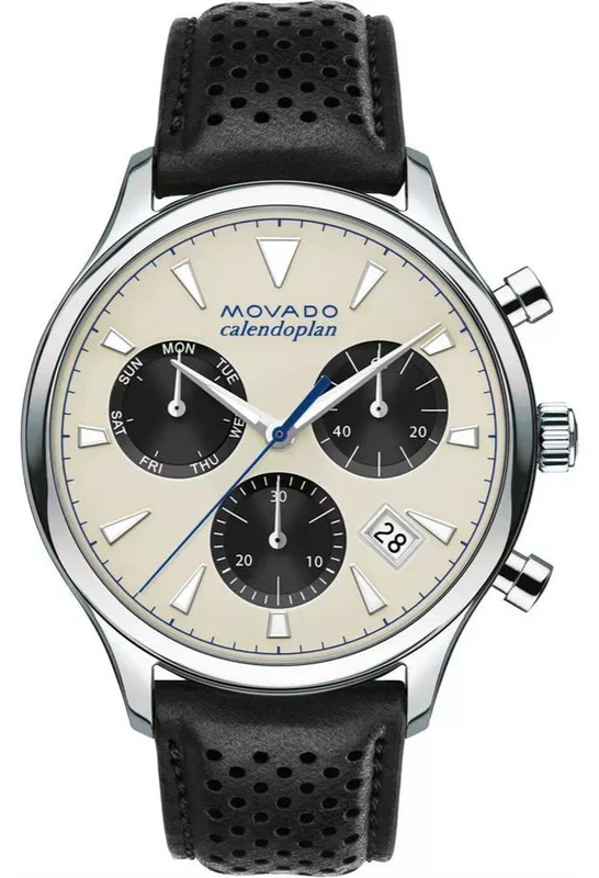 Movado Heritage Calendoplan Chronograph Silver Dial Black Leather Strap Watch for Men - 3650024