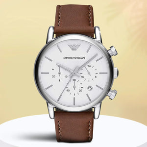 Emporio Armani Luigi Chronograph Silver Dial Brown Leather Strap Watch for Men - AR1846