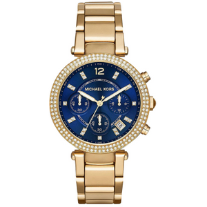 Michael Kors Parker Chronograph Blue Dial Gold Steel Strap Watch For Women - MK6262