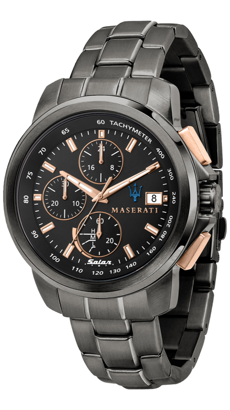 Maserati Successo Solar Black Dial Grey Steel Strap Watch For Men - R8873645001