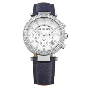 Michael Kors Parker White Dial Navy Blue Leather Strap Watch for Women - MK2293