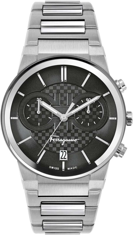 Salvatore Ferragamo Sapphire Chrono Black Dial Silver Steel Strap Watch for Men - SFME00321
