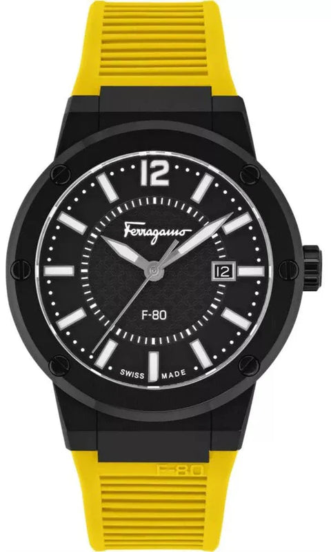 Salvatore Ferragamo F-80 Classic Black Dial Yellow Rubber Strap Watch for Men - SFHY01522