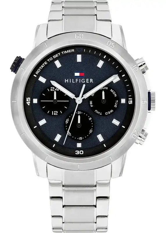 Tommy Hilfiger Troy Chronograph Blue Dial Silver Steel Strap Watch For Men - 1792104