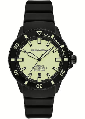 Emporio Armani Sea Explorer Automatic Yellow Dial Black Silicone Strap Watch For Men - AR60085