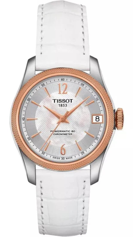 Tissot T-Classic Powermatic 80 Mother of Pearl Silver Dial White Leather Strap Watch For Women - T108.208.26.117.00